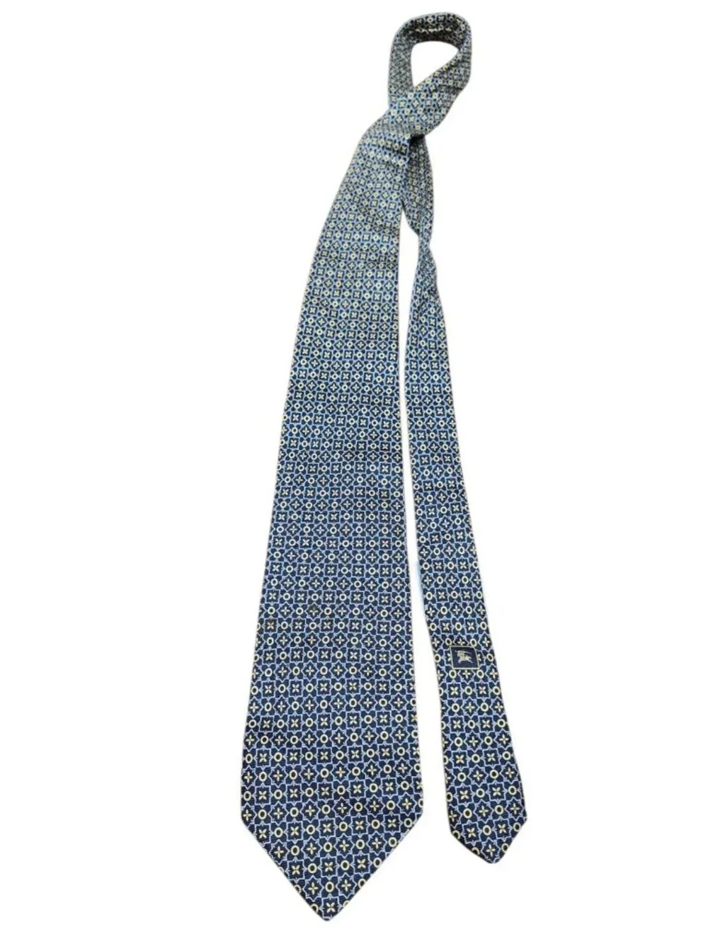 Burberry London 100% Silk Navy Gold Geometric Medallion Tie Made Italy